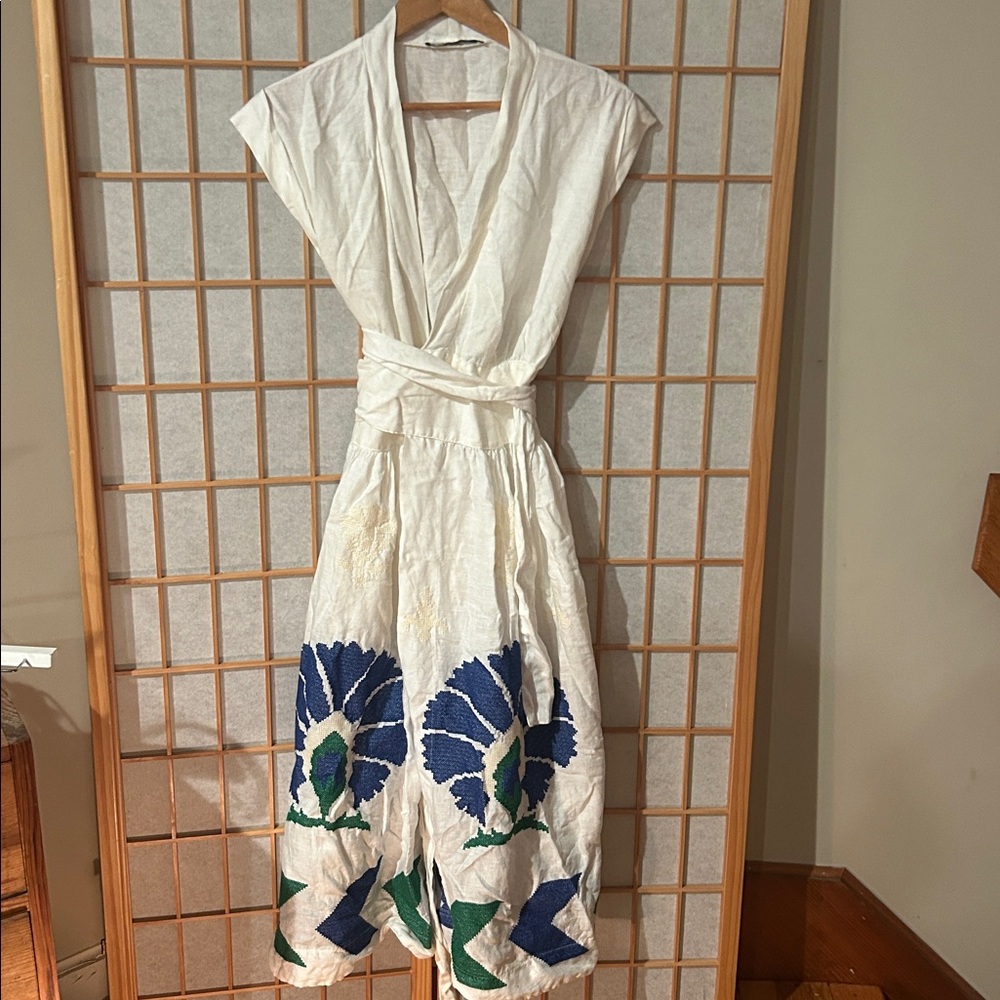 Elegant White Midi Dress with Blue Floral Design